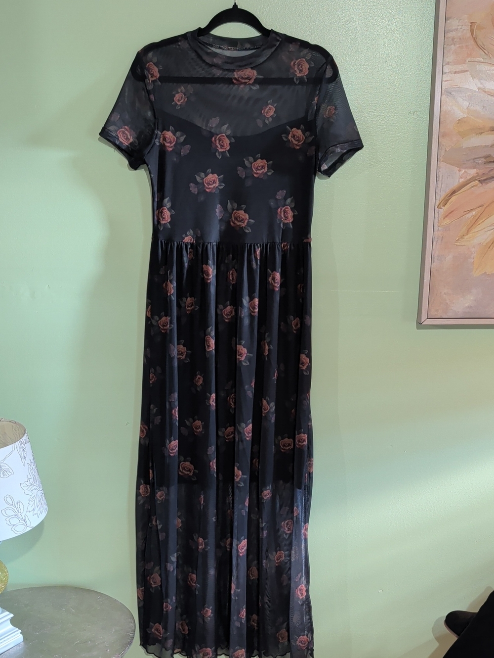 Sheer Black Maxi Dress with Mauve Rose Print